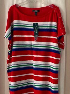 LRL Women’s 3X Striped Knit Top Red Multicolor Short Sleeve Lace-Up Shoulder NWT